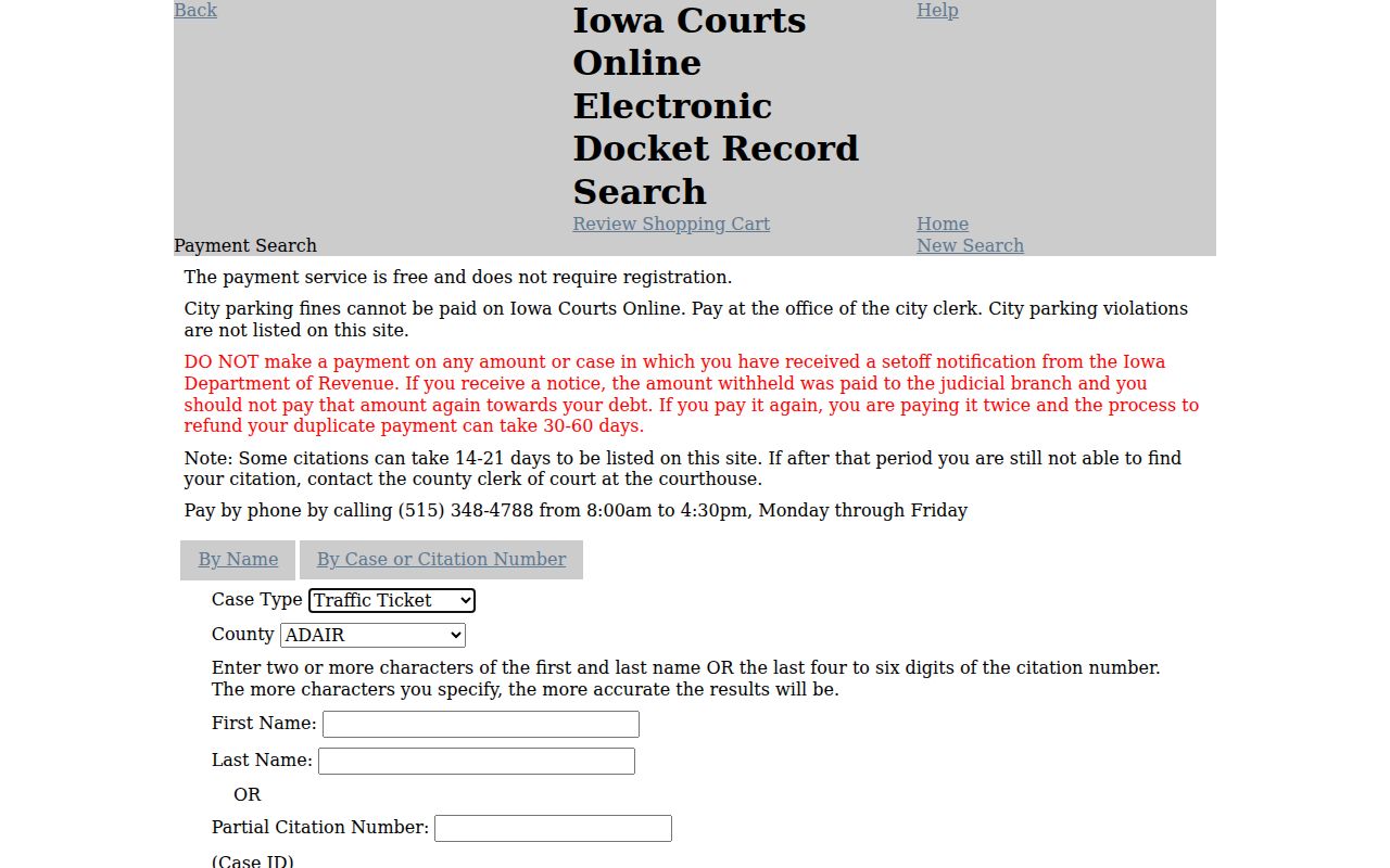 Dubuque County warrant record and citation payment search controls