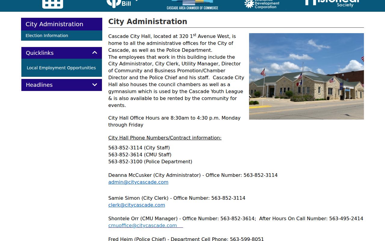 Official Cascade City Hall and police contact page