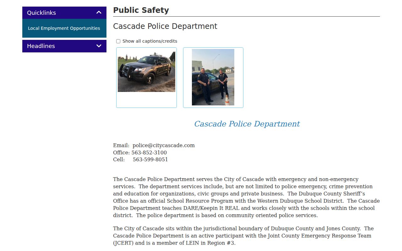 Cascade Police official contacts and two-county coordination