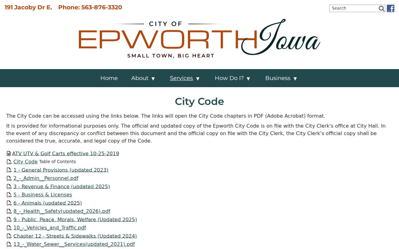 Epworth official city code page naming City Clerk custody